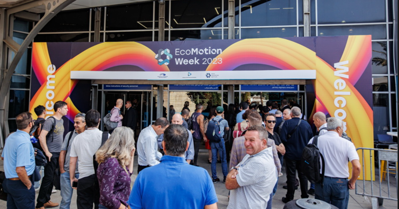 A crowd of people in front of the door for EcoMotion Week 2023